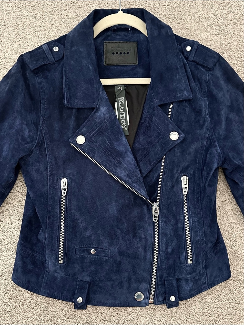 100% Suede Leather Fall Navy Blue Moto Jacket - Blank NYC - Picture 9 of 17